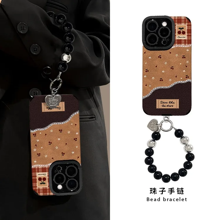 碎花樱桃适用苹果15华为vivo/oppo小米iPhone16pro瞳眼羊皮手机壳