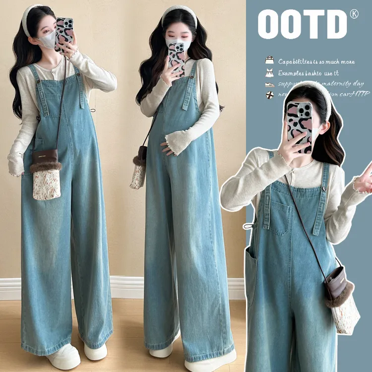 时尚春夏季新款洋气牛仔孕妇背带裤气质减龄连体裤+打底衫套装