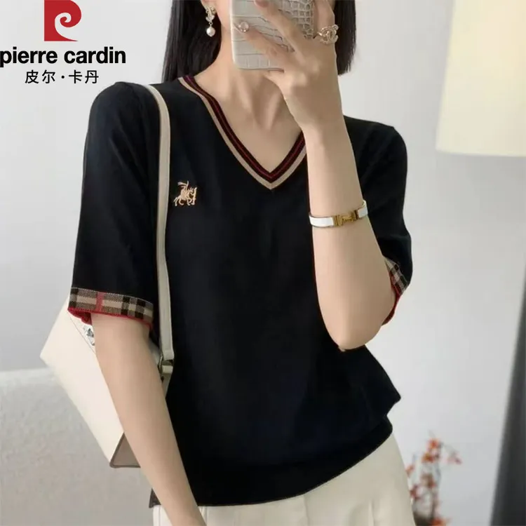 皮尔卡丹新款夏季洋气撞色刺绣V领短袖针织衫时尚百搭减龄上衣女