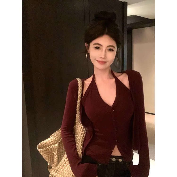 秋冬新款法式复古性感辣妹风吊带挂脖开衫显瘦假两件内搭打底上衣