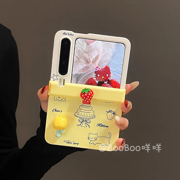 简约黄白拼色蛋糕小猫简笔画适用华为PuraX折叠屏手机壳p50pocket