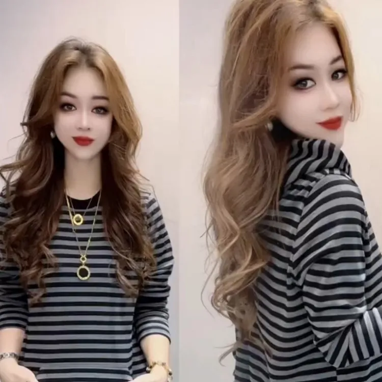 短款条纹圆领极简风标准长袖T恤秋季拼接百搭网红