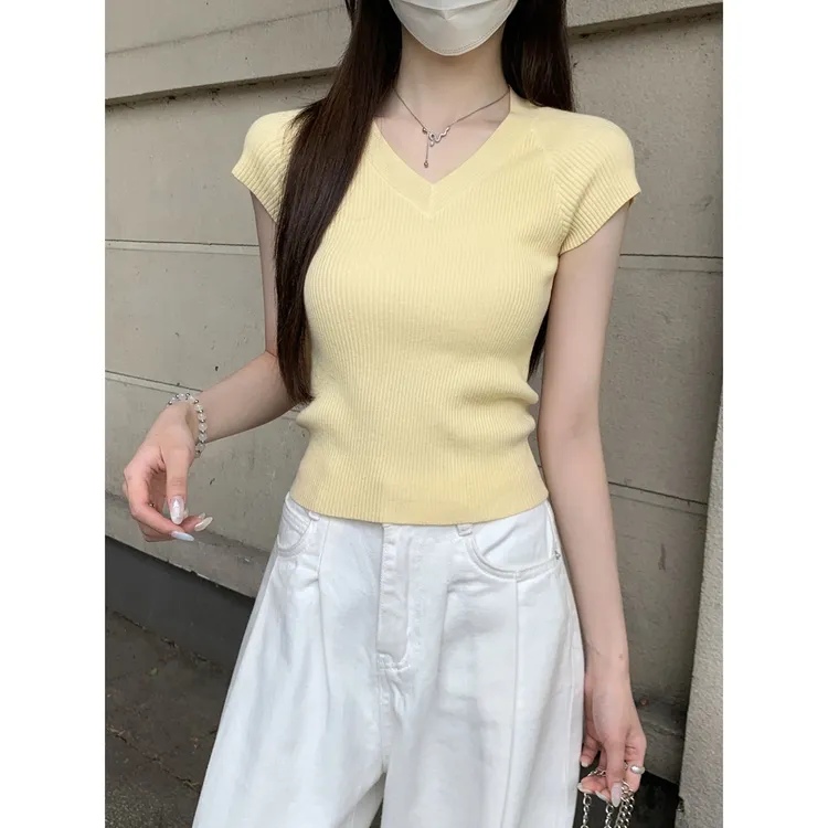 夏季韩版白色气质v领插肩修身百搭显瘦针织衫短款紧身短袖上衣女