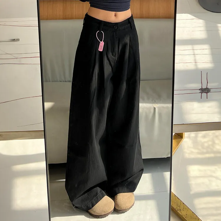 黑色阔腿牛仔裤女款新款2025夏季胖大码高腰宽松慵懒风复古直筒裤