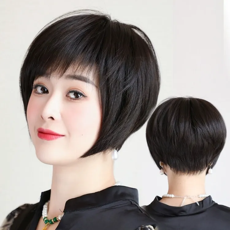 假发女真发全真人发中老年妈妈真人发丝光头薄款时尚波波头全头套