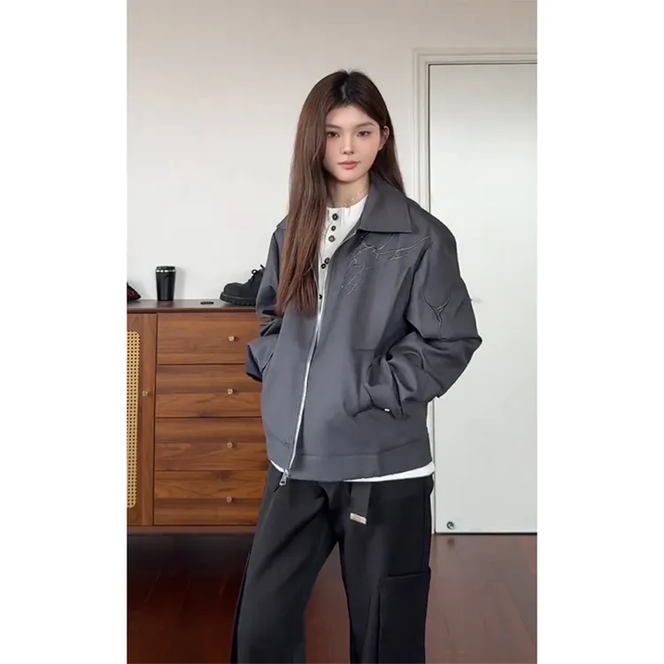 美式cleanfit闪电刺绣飞行夹克男女秋季痞帅高级感短款棒球服外套