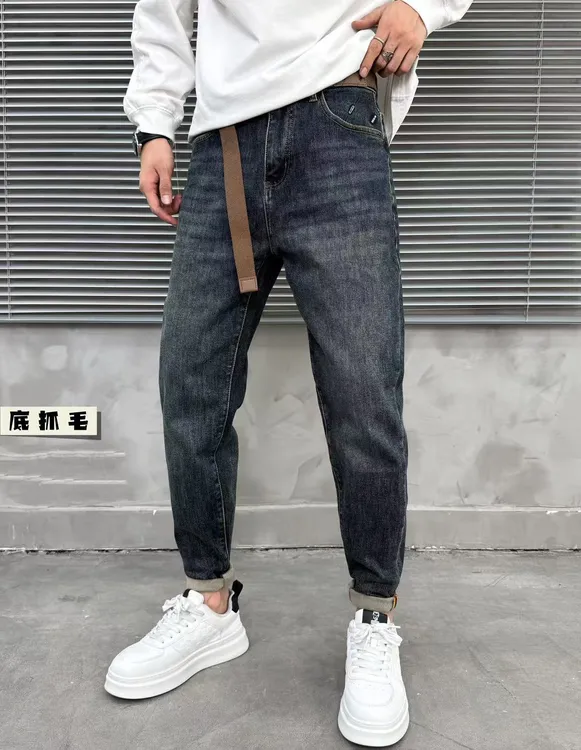 【小璐优选】冬季底抓绒植绒午夜蓝微锥小直筒牛仔裤加绒复古弹力