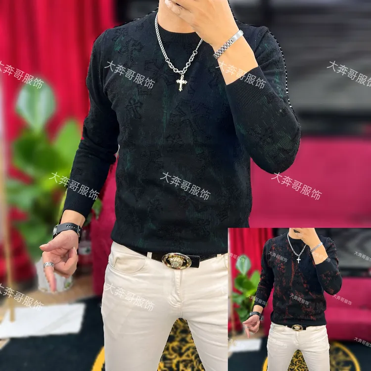 【大奔哥】6688时尚修身秋冬款天鹅绒休闲提花百搭男士高弹毛衣长袖