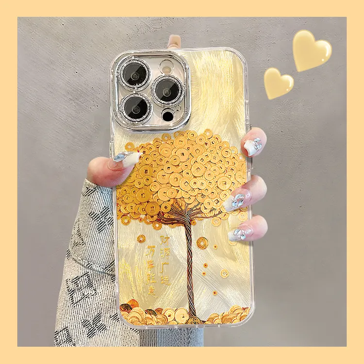 金币树适用于苹果15华为vivo/oppo小米iPhone16精孔羽纱纹手机壳