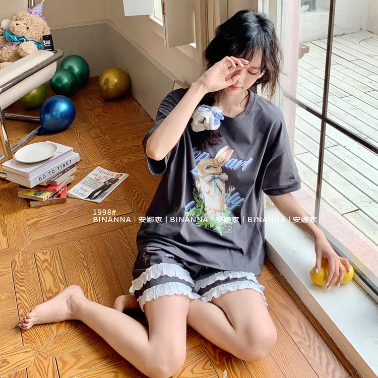睡衣女款夏季2025新款短袖兔子款针织薄款花边短裤套装夏款家居服