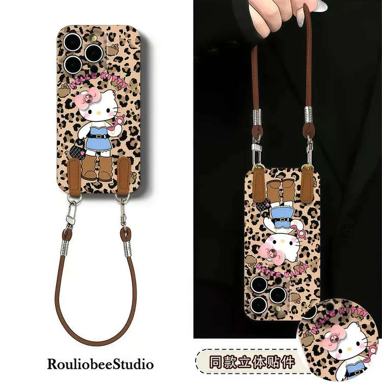 时髦Kitty挂绳适用苹果17豹纹手机壳iPhone16华为vivo小米15oppo