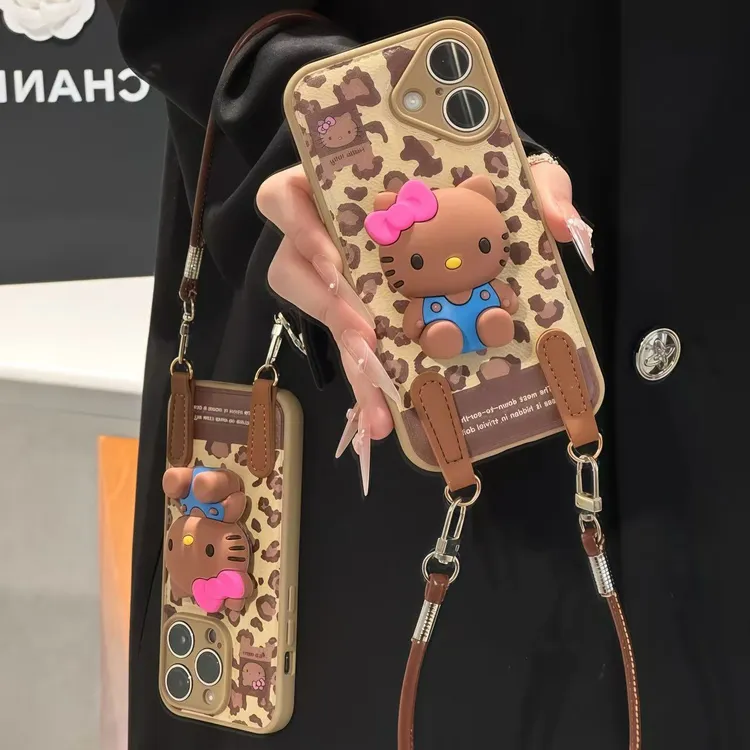 黑皮豹纹KT支架挂绳适用苹果17手机壳iPhone16华为vivo小米14oppo