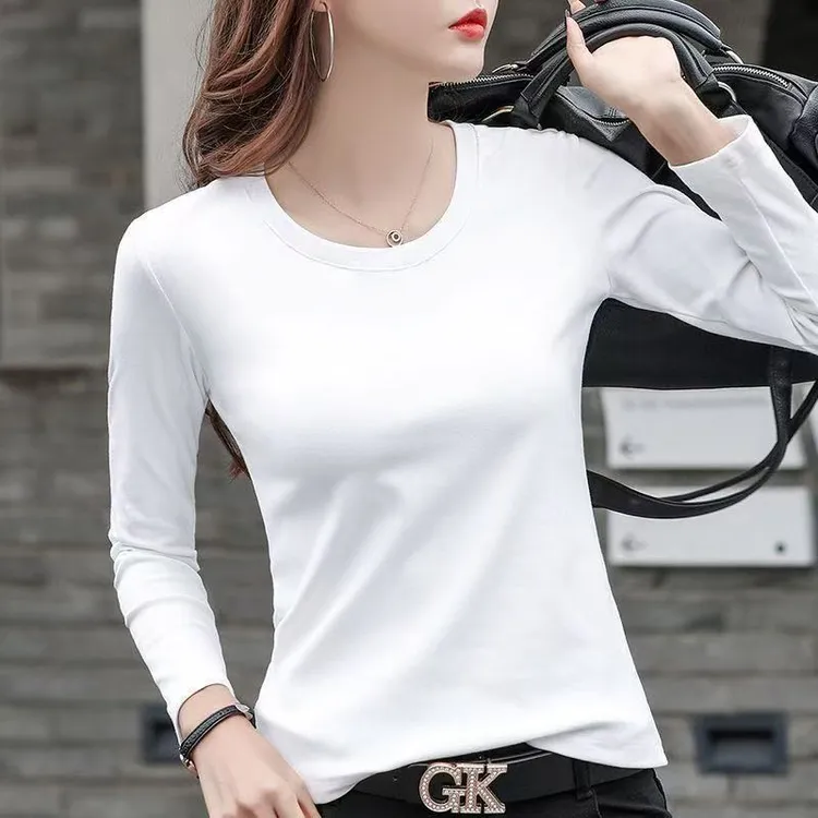 100%纯棉圆领吸汗常规长袖T恤长袖t恤显瘦韩版内搭女士修身