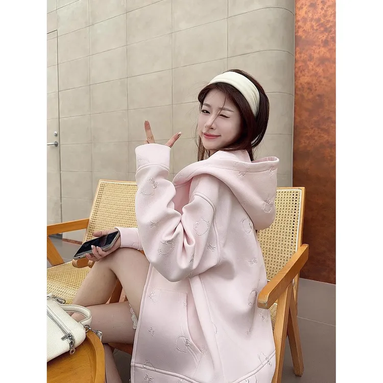 秋季新款韩系设计感百搭猫咪刺绣连帽拉炼 炼 长袖宽松卫衣上衣女