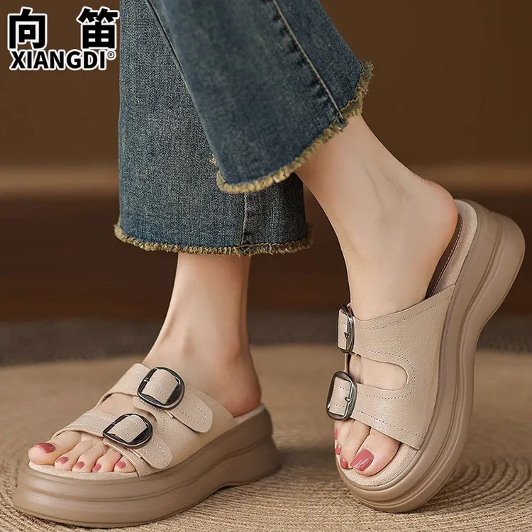 踩屎感厚底增高女士真皮勃肯拖鞋夏季外穿防滑轻便沙一字平底凉鞋