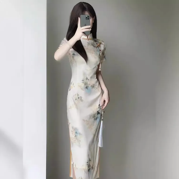 复古民国风米黄提花短袖旗袍2025年夏季新款日常可穿年轻款连衣裙