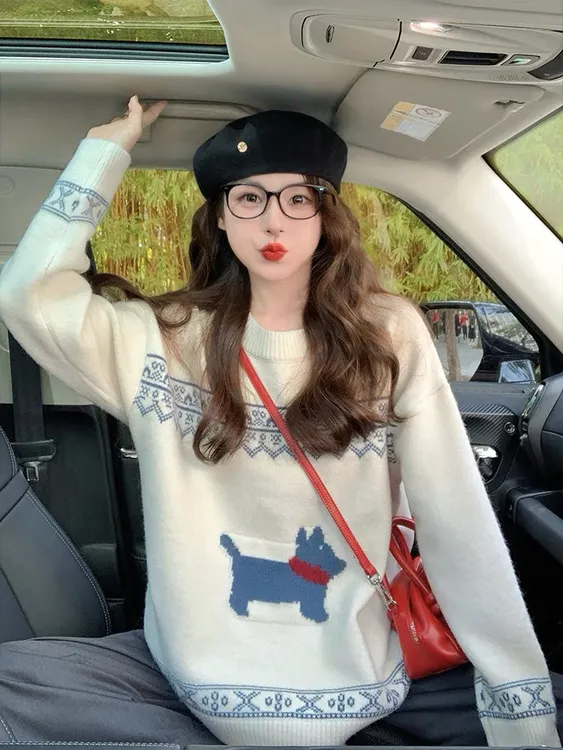 费尔岛趣味小狗套头毛衣女秋冬加厚宽松休闲小个子软糯慵懒针织衫