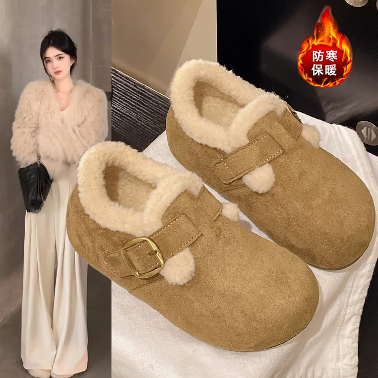 冬款博肯鞋女鞋厚底内增高加绒全包勃肯鞋一脚蹬棉鞋冬季毛毛鞋子