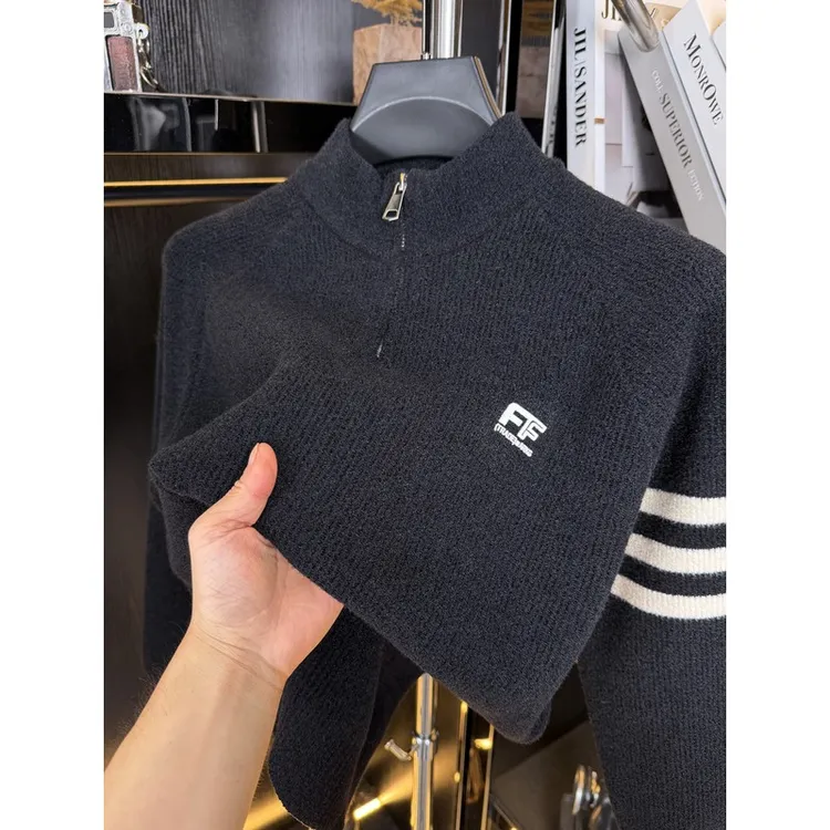 DeweLvum半高领拉链毛衣男加厚秋冬季保暖内搭中领针织打底衫上衣