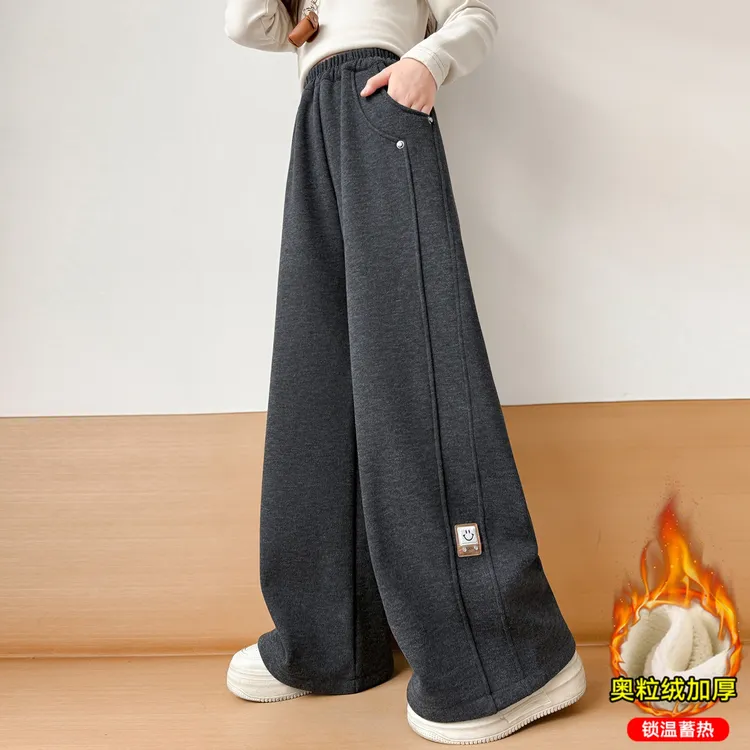 女童加绒裤子冬季2025新款儿童弯刀阔腿裤女孩大童秋冬加厚运动裤