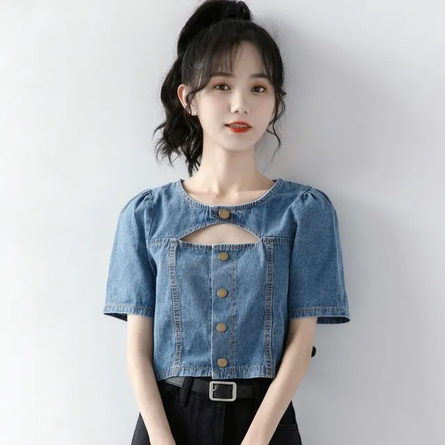 2025夏季新款小众设计小心机镂空短款上衣女别致感短袖牛仔衬衫潮
