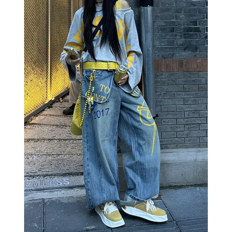 美式高街假两件印花屁帘牛仔裤女2025年秋季新款宽松显瘦阔腿裤子