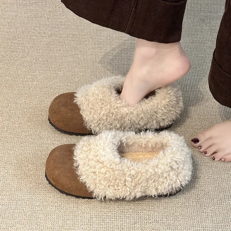 甜美风内增高厚底保暖毛毛鞋女2026春季舒适粗跟圆头一脚蹬勃肯鞋