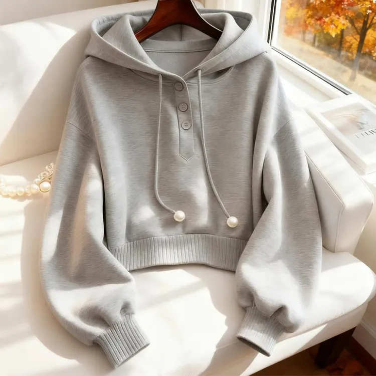 小众别致灰色连帽抽绳纯色卫衣秋季韩系慵懒风时尚洋气舒适打底衫