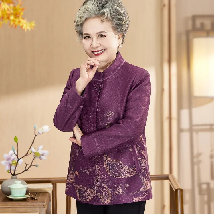 奶奶秋装呢子上衣中老年人妈妈春秋天唐装宽松外套60岁80婆婆衣服