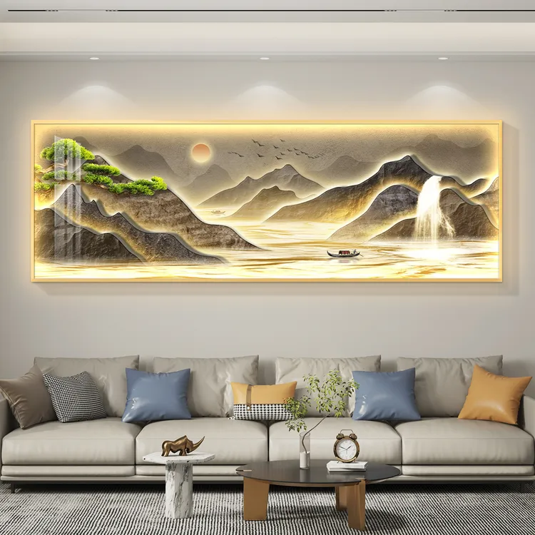 流水生财led带灯轻奢客厅装饰画沙发背景墙挂画壁画简约现代高档