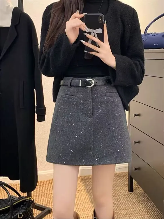 大码胖mm短裙亮闪闪A字裙不褪色高腰半身裙秋冬百搭网红ins