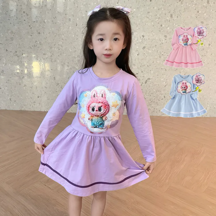 女童连衣裙秋季长袖亮片变色双面图案拉布布卡通可爱小女孩裙子萌