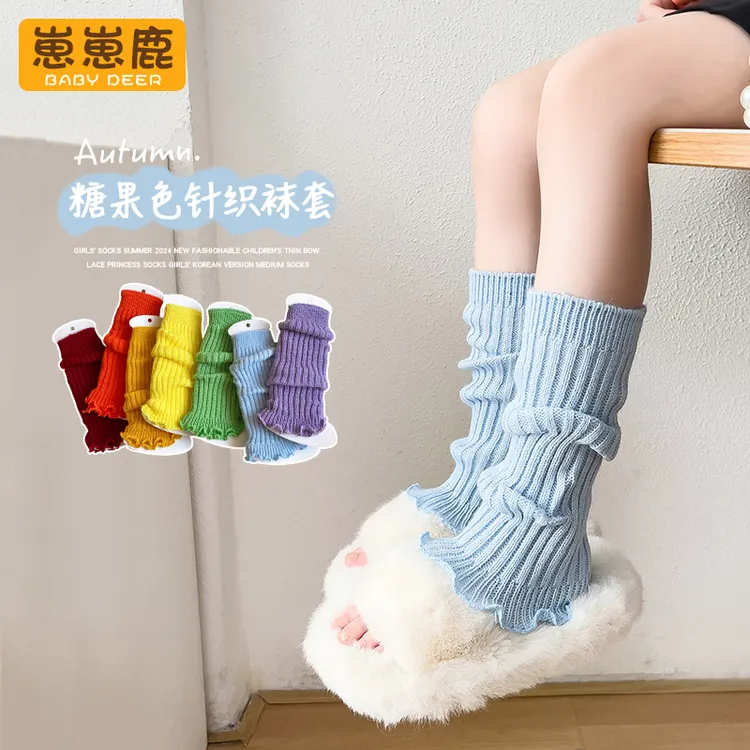 潮流儿童堆堆袜套春秋季女童韩系木耳花边天蓝纯色腿套春夏长筒袜