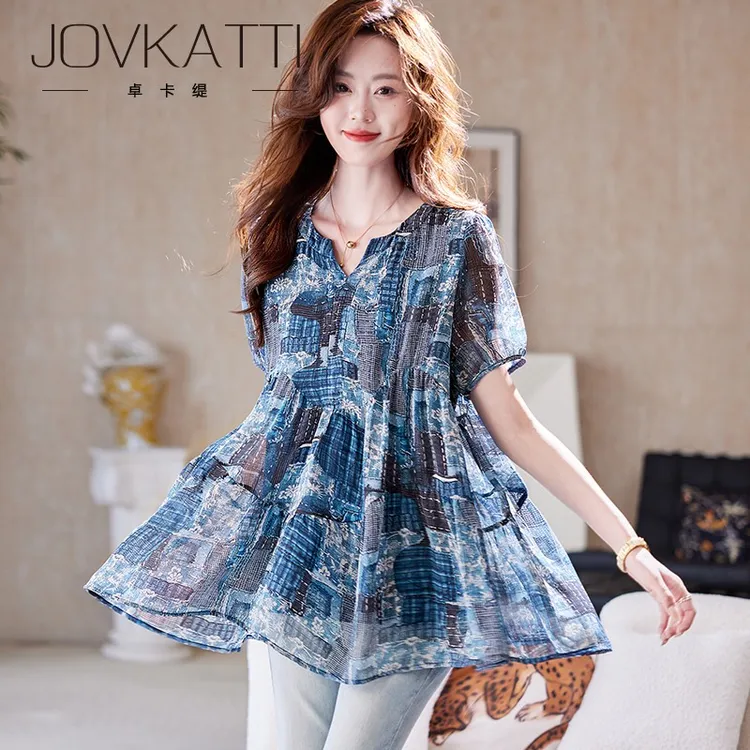 V领印花短袖衬衫女2025新款洋气减龄百搭夏季休闲气质衬衣