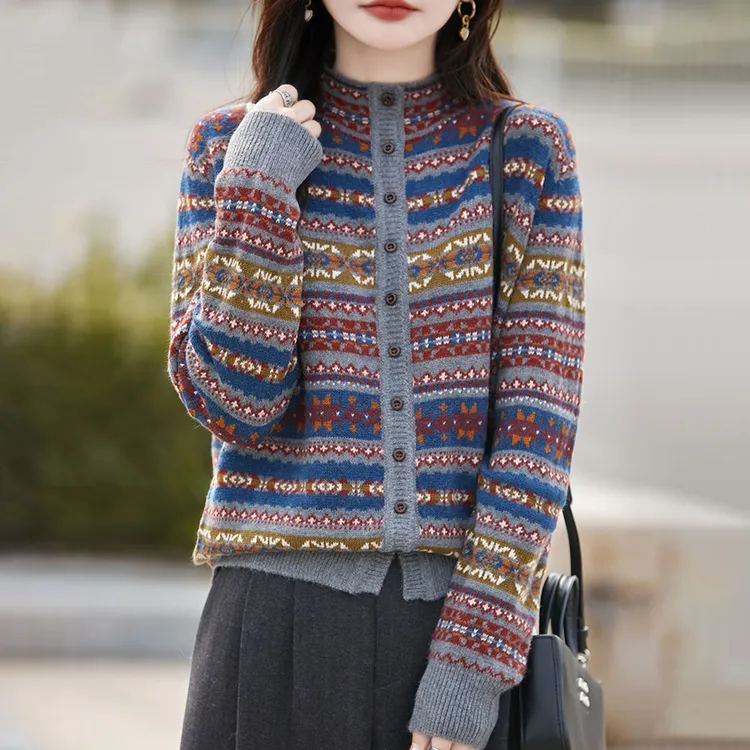 秋冬新款提花半高领羊毛针织开衫外套女羊毛衫显瘦气质2025上衣潮