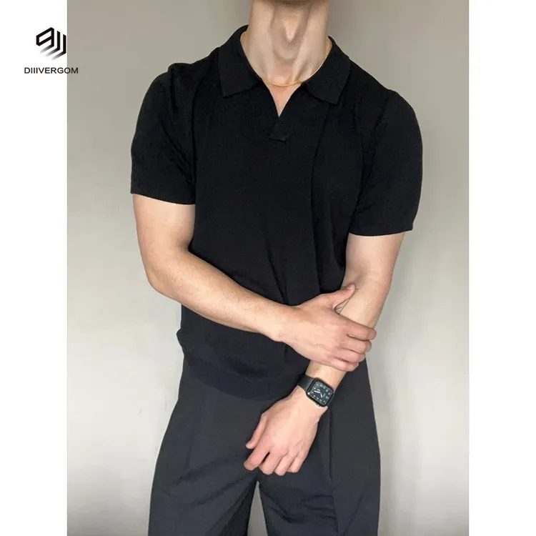 DIIIVERGOM美式领衫潮牌男装新款高端纯色短袖男款翻领修身恤半袖