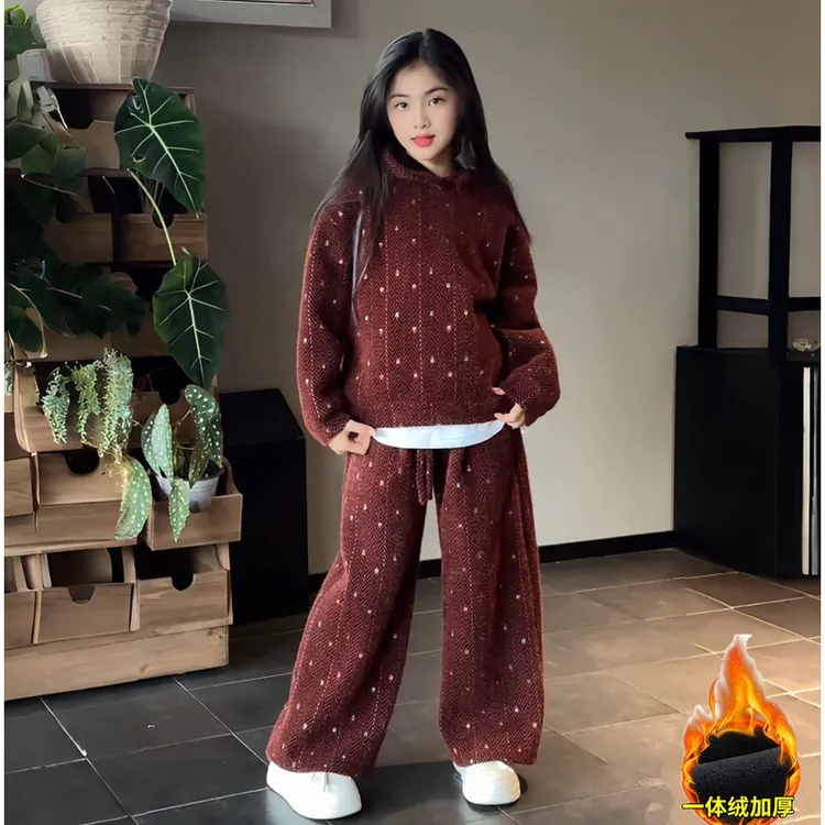 女童冬季新款加绒加厚时尚潮酷绣花连帽卫衣加绒裤两件套