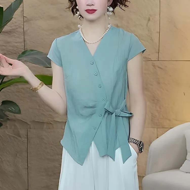 2025夏季新款时尚休闲绑带V领短袖T恤休闲减龄上衣#6628