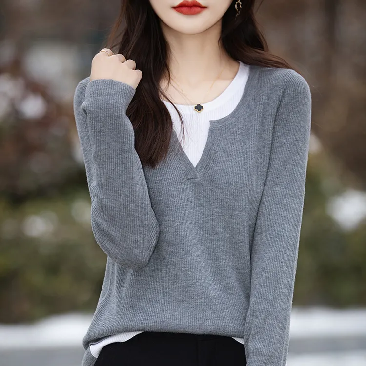 哥弟阿玛施正品精仿羊毛假两件春秋季女士v领打底洋气毛衣针织衫