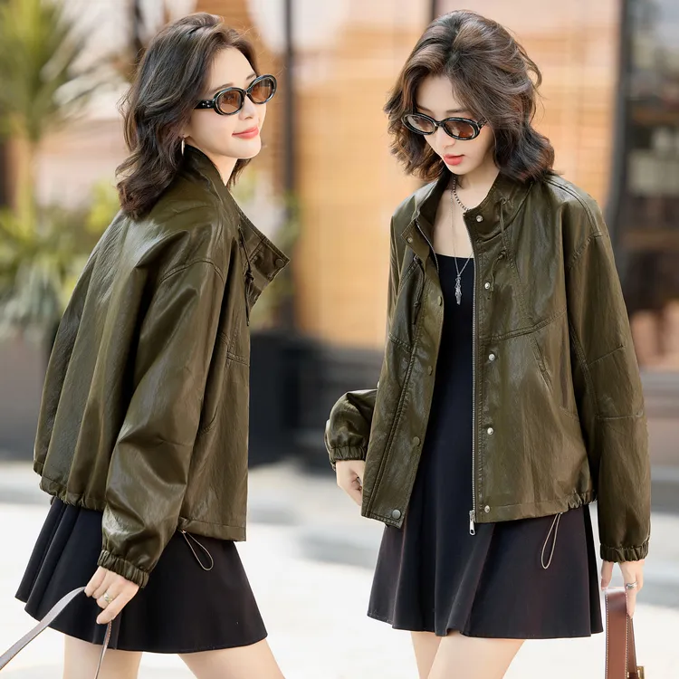 皮衣短外套女春秋新高级感抽绳欧美风立领小个子宽松机车夹克上衣