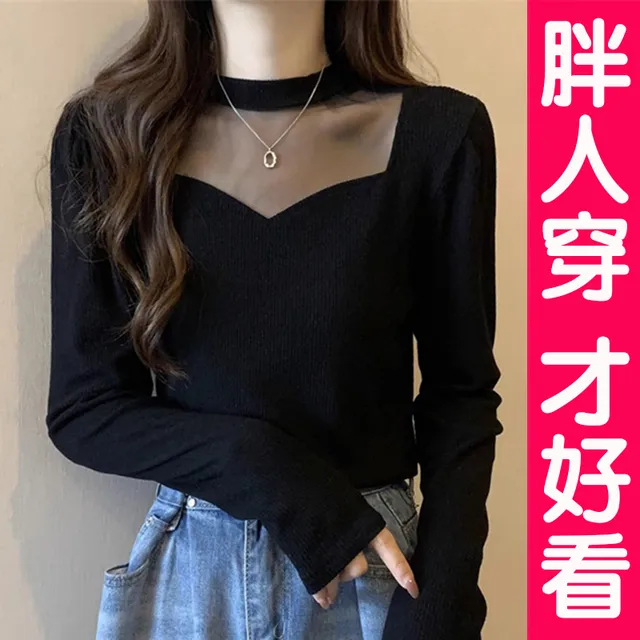 大尺码半高领毛衣女胖mm网纱拼接上衣内搭洋派针织打底衫胖妹妹秋