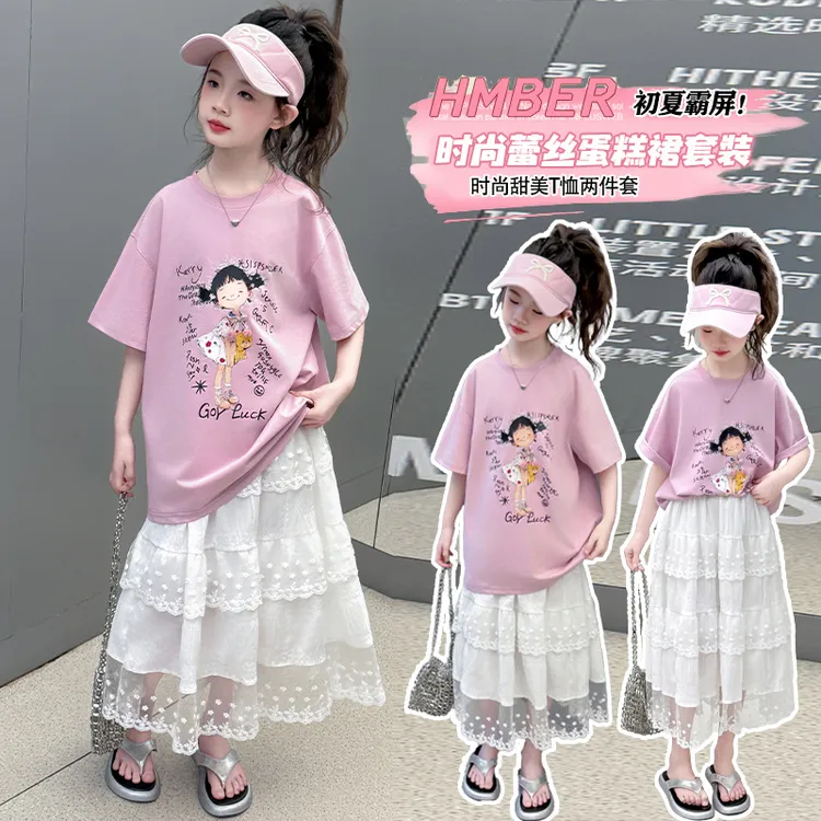 夏装女童宽松卡通女孩体恤短袖t恤宽松夏季新款大童气质半身裙装
