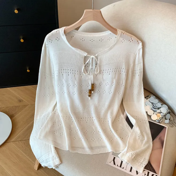 白色镂空针织罩衫女士夏季2025新款宽松透气舒适长袖防晒T恤上衣
