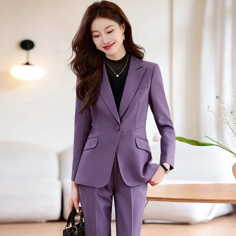 紫色西装套装女2025秋冬新款职业装主持人播音高级感长袖西服外套