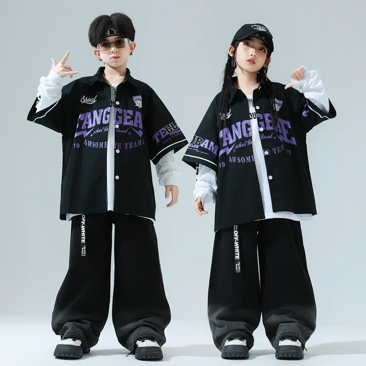 街舞儿童嘻哈演出服男女童帅气美式衬衫hiphop架子鼓舞蹈练功服装