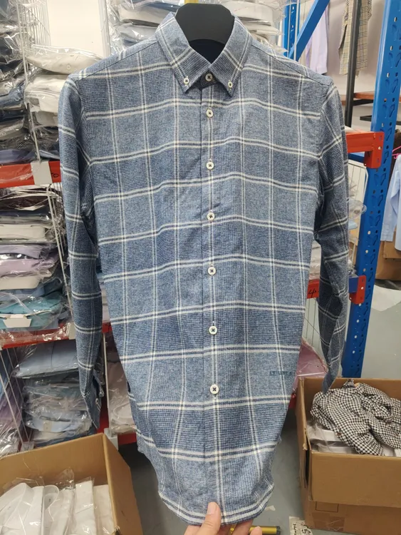 品牌撤柜剪标-秋冬款蓝灰色大格纹扣领尖领加绒加厚男士长袖衬衫