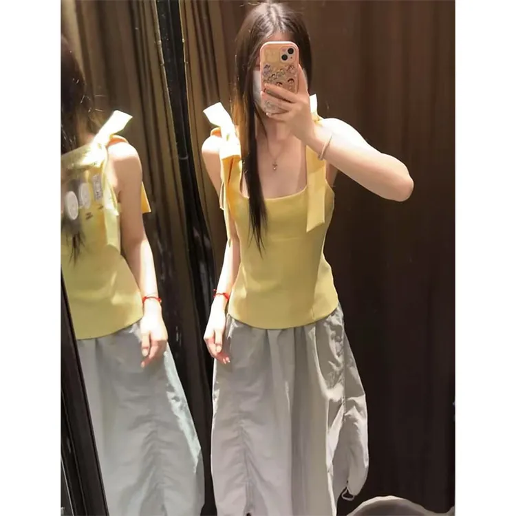 多巴胺黄色蝴蝶结方领吊带背心女夏季美背外穿修身甜辣妹无袖上衣