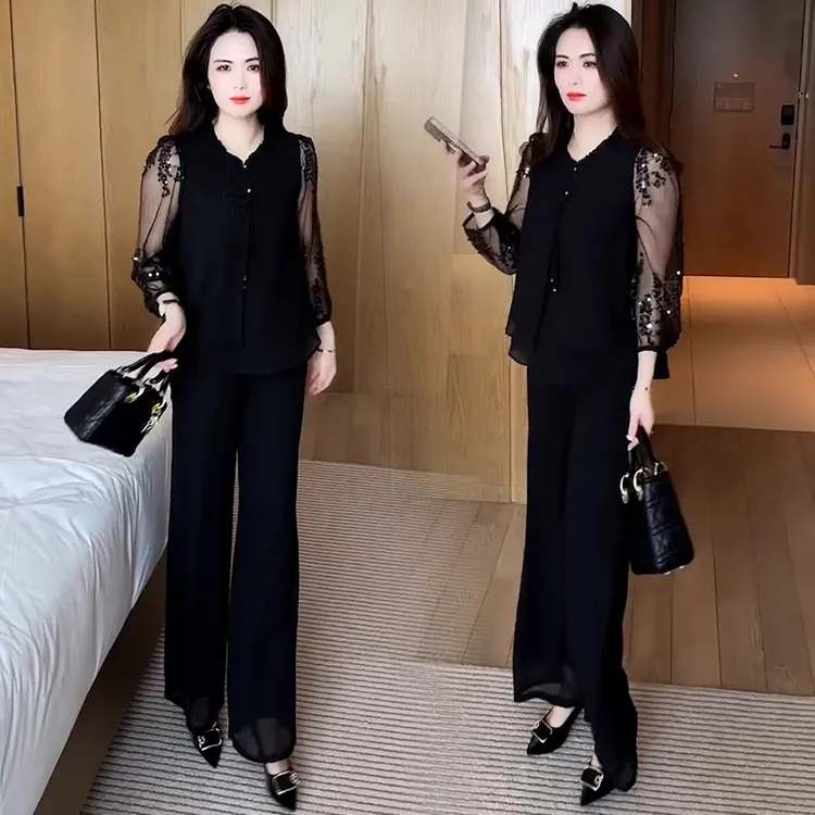 新中式盘扣套装女2025春夏新款洋气减龄长袖衬衫显瘦阔腿裤套装潮