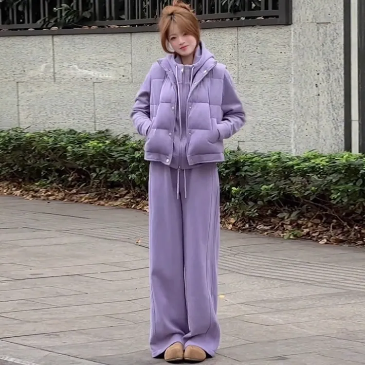 拉夏贝尔时尚套装女冬季新款保暖棉马甲加厚连帽卫衣阔腿裤三件套