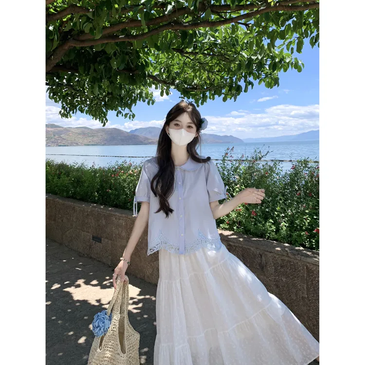 ins风甜美减龄花边拼接短袖衬衫女2025夏季新款时尚娃娃领上衣潮